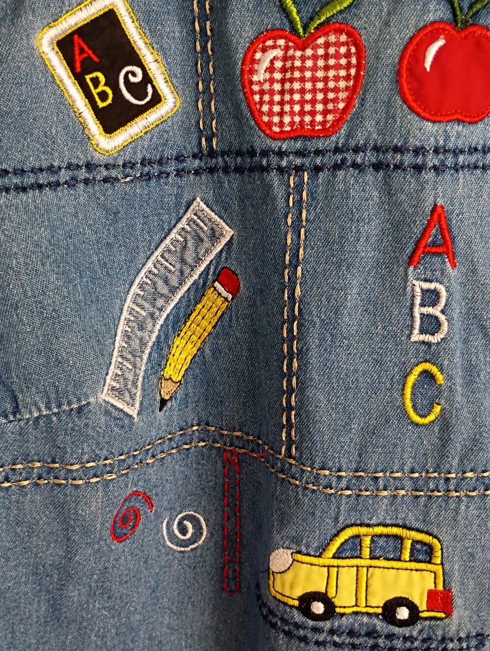 Vintage Embroider Applique ABC Teacher Educator School Demin Top Pencil Apple - Picture 3 of 9